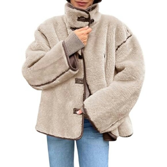 Faux Fur Jacket Women's Winter Coat Button Down Stand Collar Long Sleeve - Picture 3 of 8